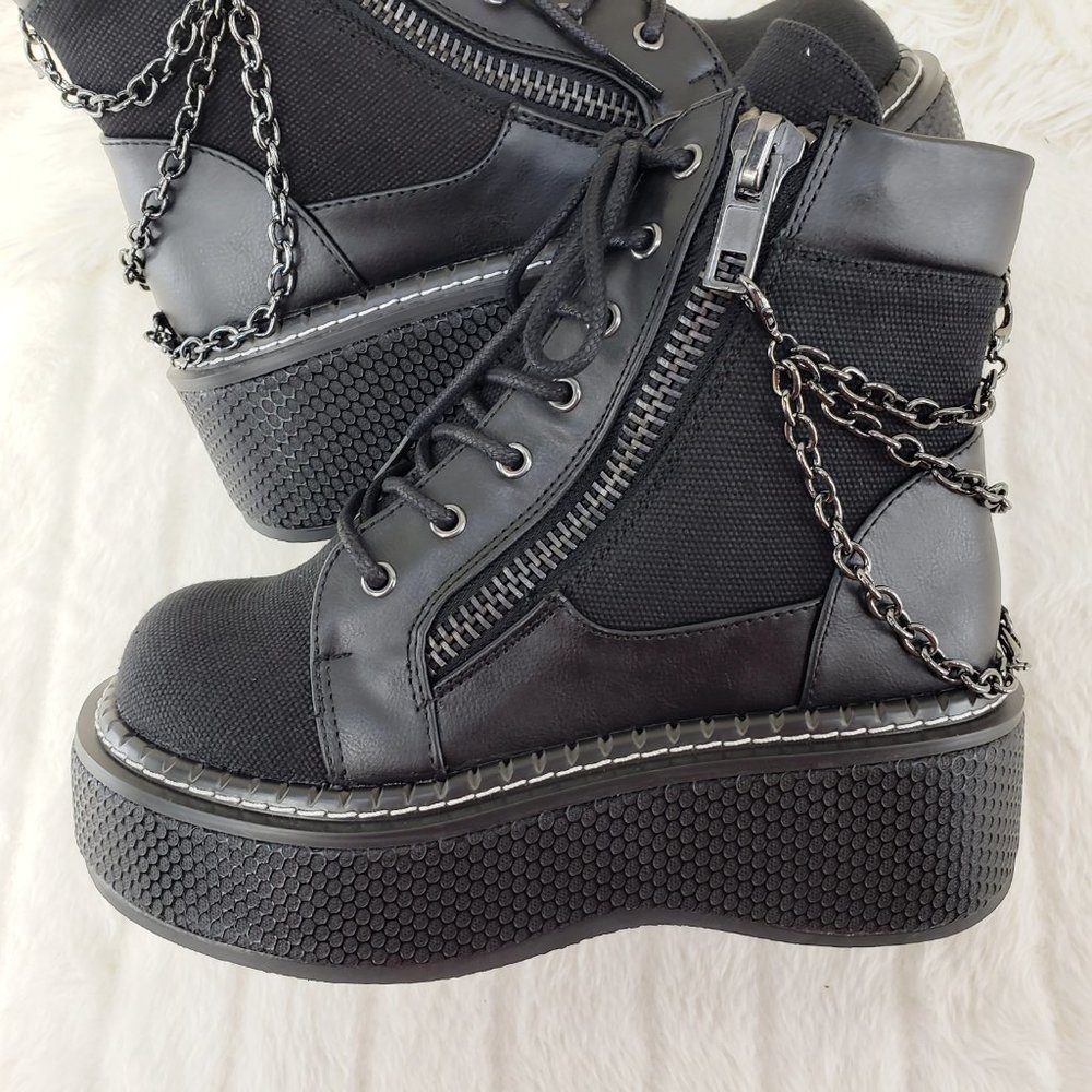 Emily Black Canvas Chain Goth 2" Platform Ankle Boots 114x - Picture 4 of 16